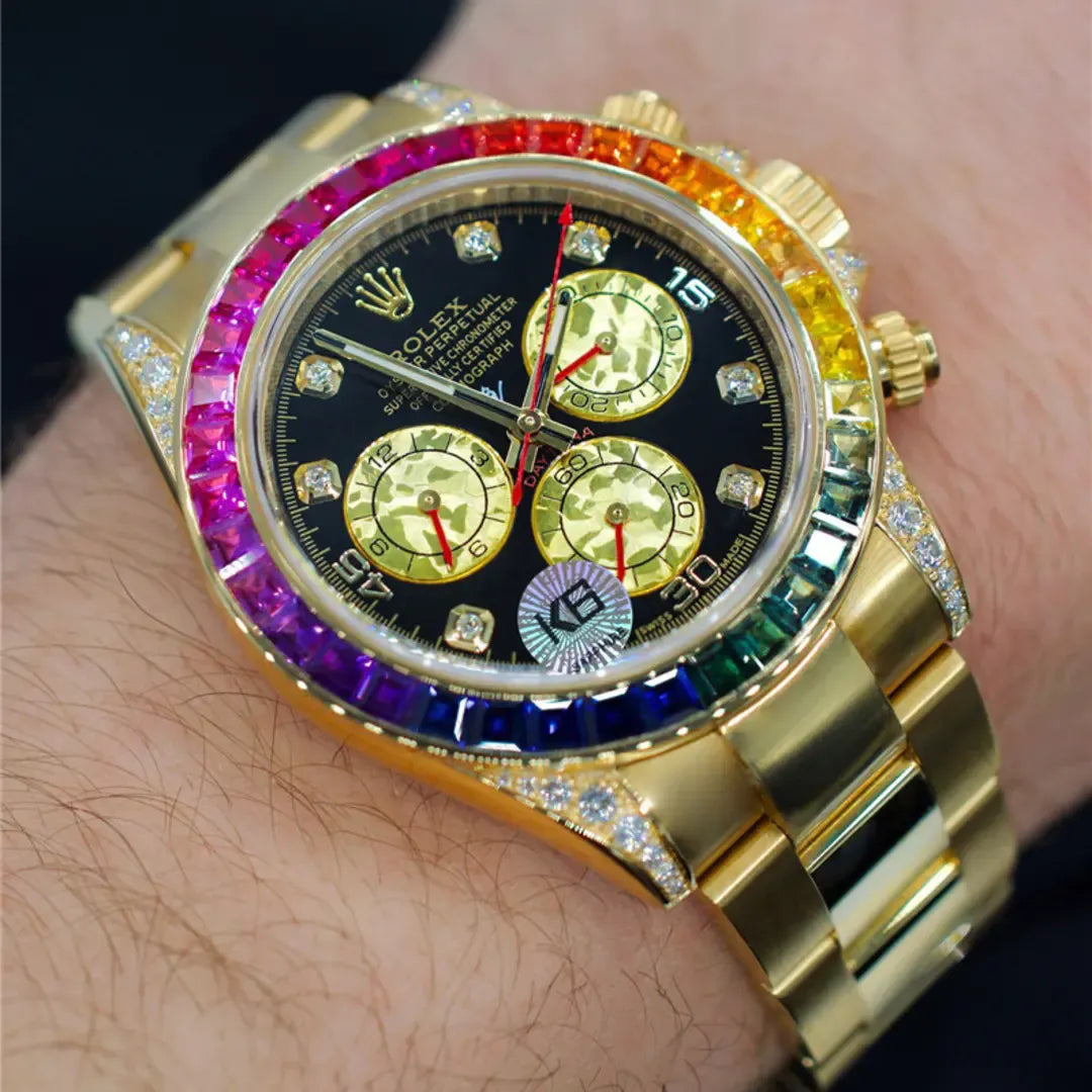 Rolex Daytona 116598RBOW 40mm with Aftermarket Bezel Rainbow Dial Lugs 18k Yellow Gold Watch